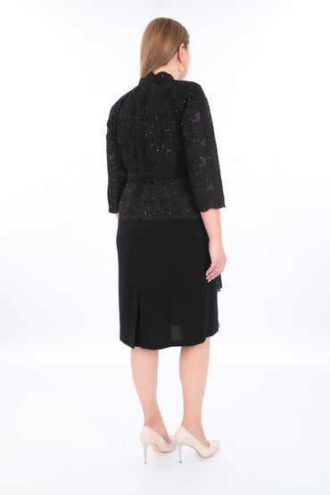 Truvakar Kol Dantel Kumaş Belden Kuşaklı Ceket ve Elbise İkili Kadın Takım