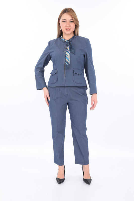 İnce Kot Kumaş Uzun Kollu Ceket ve Pantolon Takım