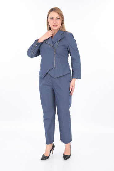 Kot Kumaş Fermuarlı Ceket & Pantolon Takım