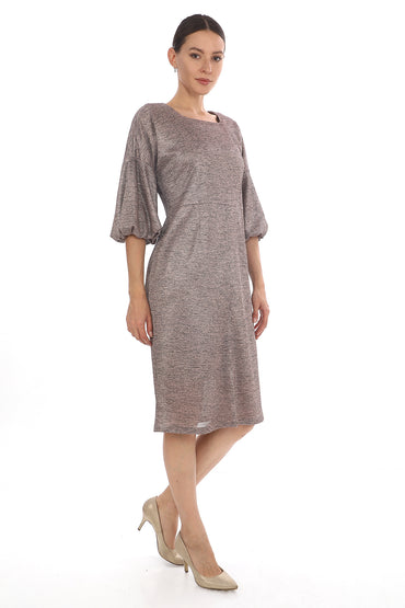 Şık Diz Boyu Balon Kol Elbise