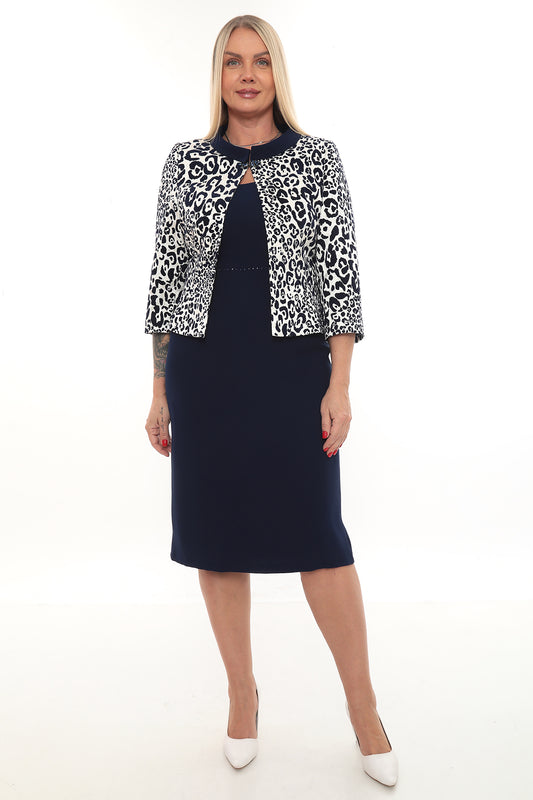 Lacivert Elbise ve Leopar Desenli Ceket Takım
