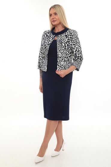 Lacivert Elbise ve Leopar Desenli Ceket Takım