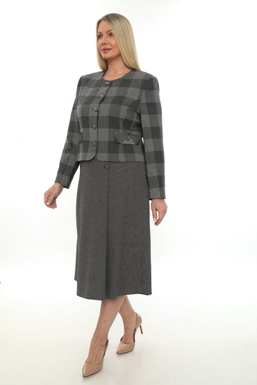 Gri Ekose Desenli Klasik Etek Ceket Takımı-40-46