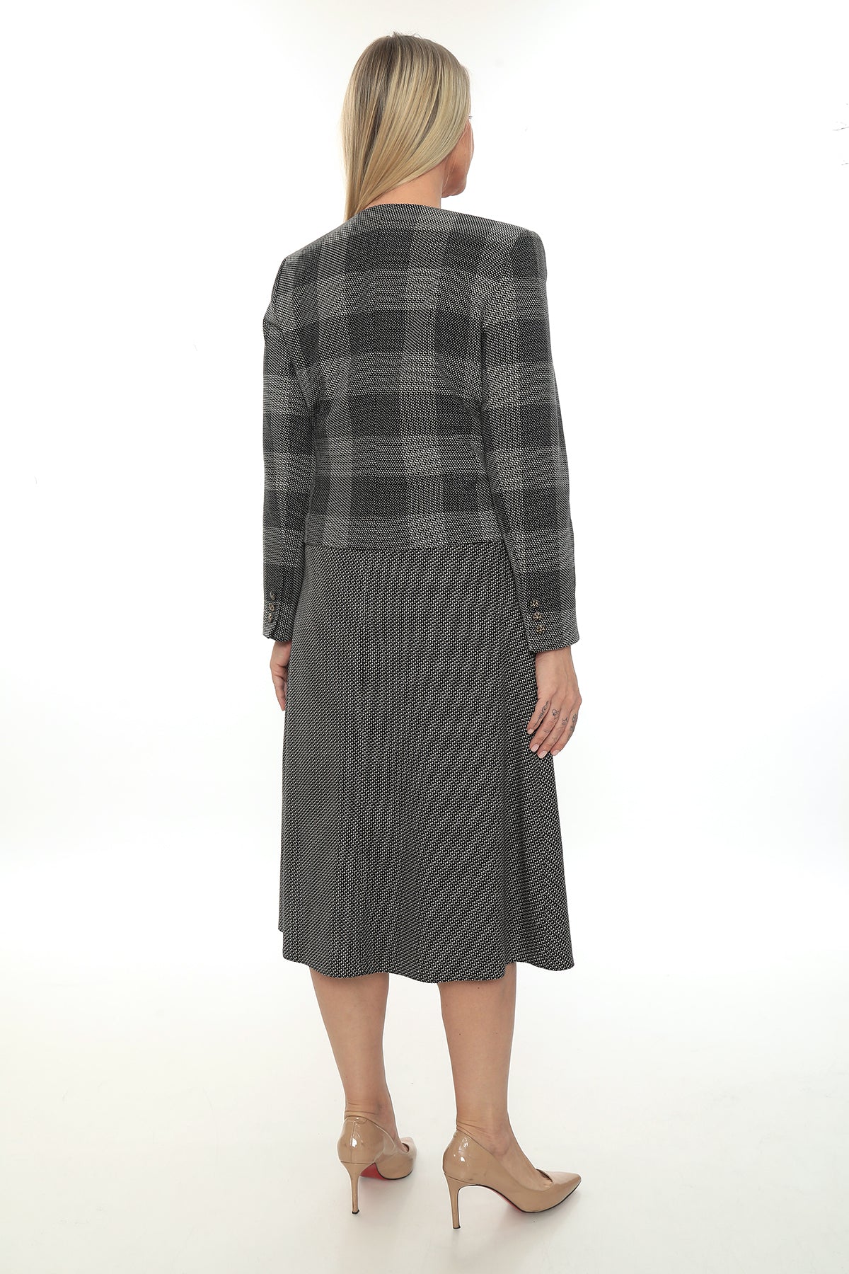 Gri Ekose Desenli Klasik Etek Ceket Takımı-40-46