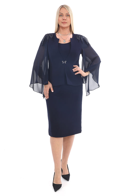 Lacivert Siyah Kırmızı Şifon Detaylı Büyük Beden Abiye Takım