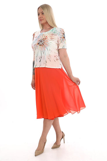 Çiçek Desenli Bluz & Turuncu Şifon Etek Takımı