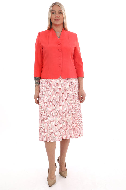 Mercan Renk Ceketli Pileli Etek Takım