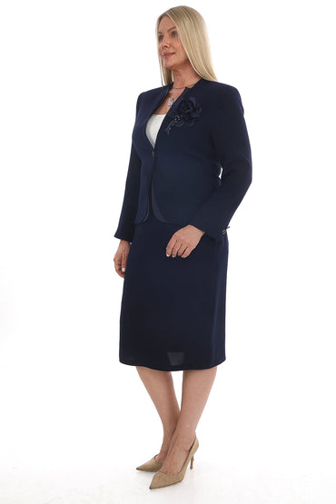 Saten Biyeli Dik Yaka Çiçek Detaylı Ceket ve Etek Kadın Takım