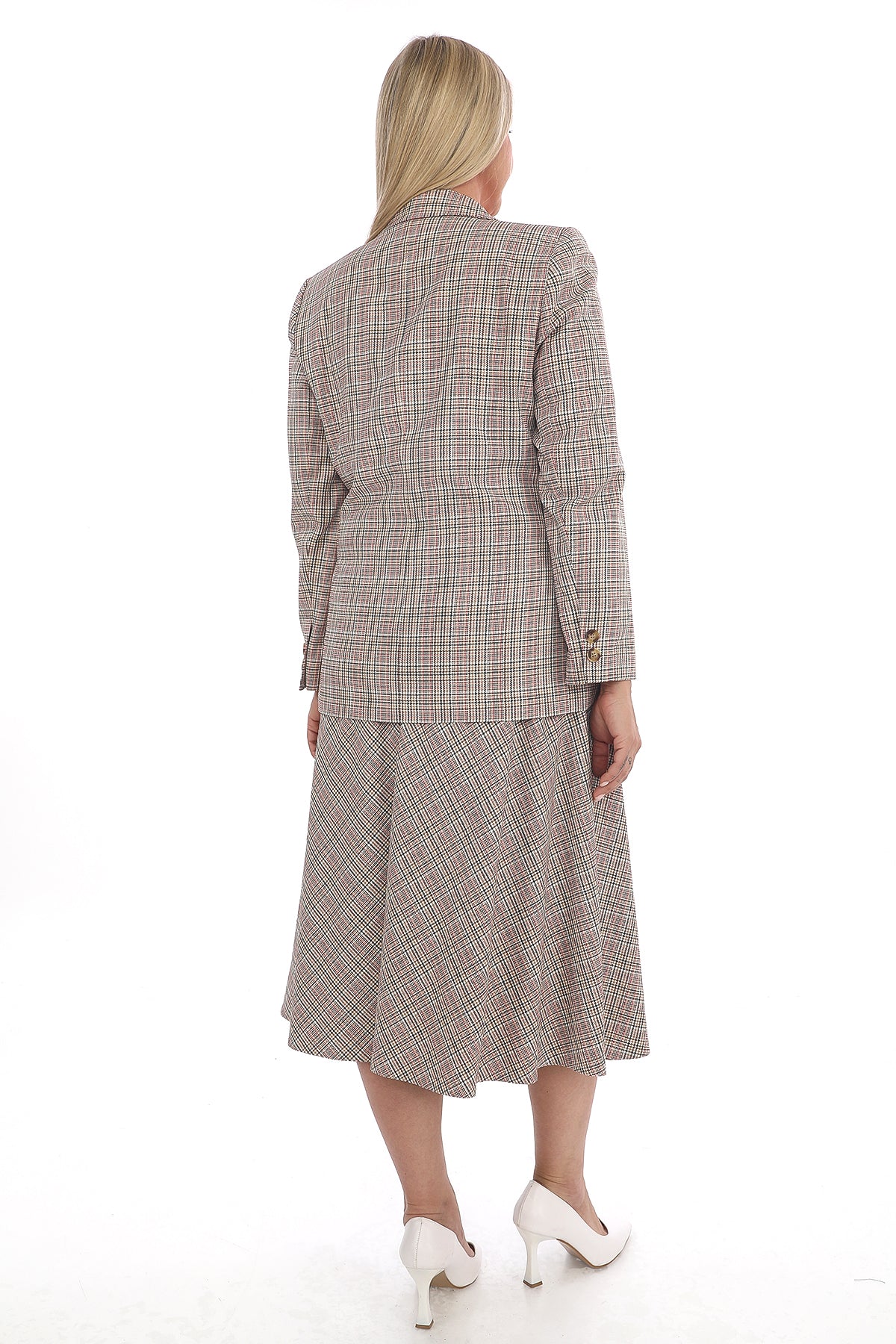 Square Patterned Belted Jacket & Skirt Set