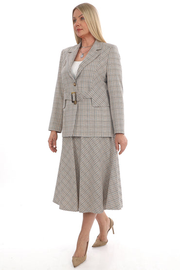 Kare Desenli Kemerli Ceket & Etek Takımı