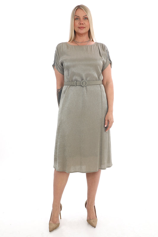 Kemerli Metalik Haki Elbise