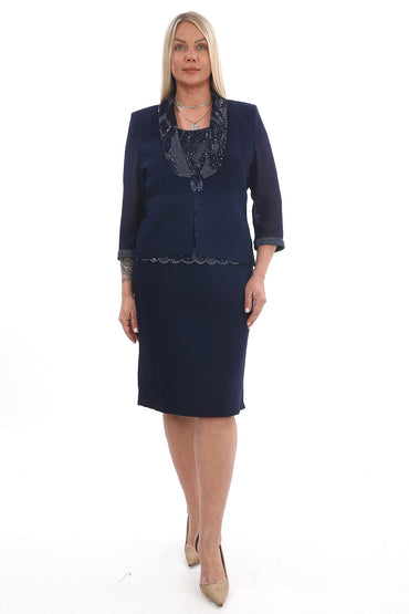 Dantel Detaylı Mavi İkili Takım (Ceket & Elbise)