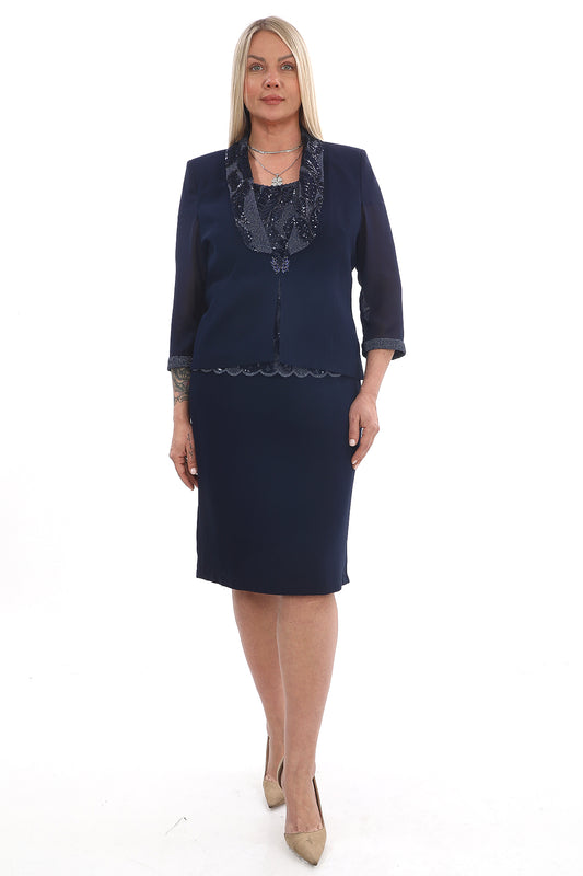 Dantel Detaylı Mavi İkili Takım (Ceket & Elbise)