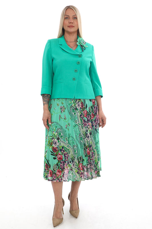 Yeşil Ceketli Desenli Ceket Etek Takımı