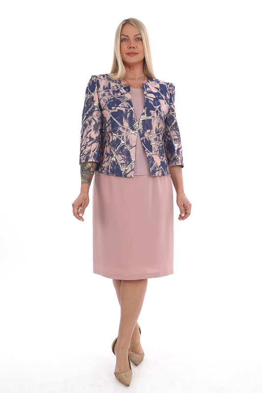 Desenli Brokar Ceketli Pudra Bluz Etek Takım