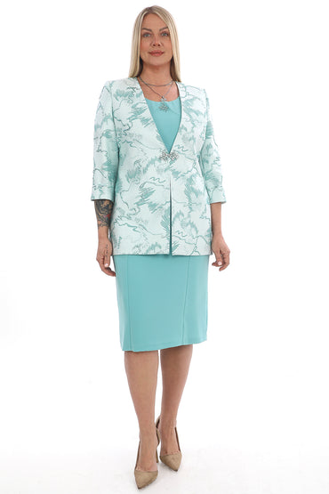 Broş Detaylı Elbise ve Ceket Takım