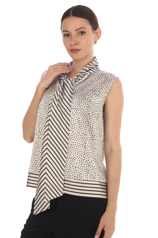 Kadın Kolsuz Desenli Bluz – Fular Detaylı