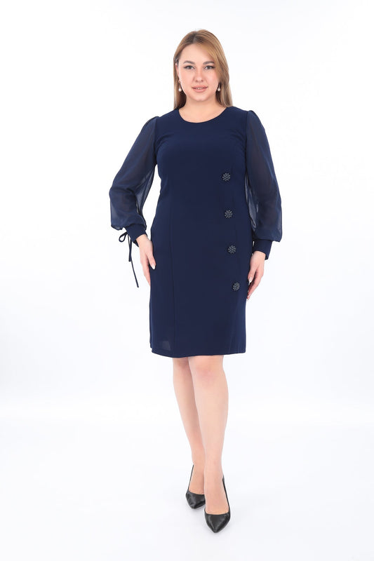 Midi Boy Yuvarlak Yaka Düğmeli Tül Kollu Manşetli Bağcıklı Şık Elbise