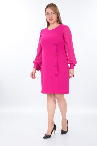 Midi Boy Yuvarlak Yaka Düğmeli Tül Kollu Manşetli Bağcıklı Şık Elbise