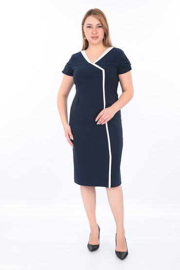 Kontrast Şeritli Klasik Diz Altı Elbise