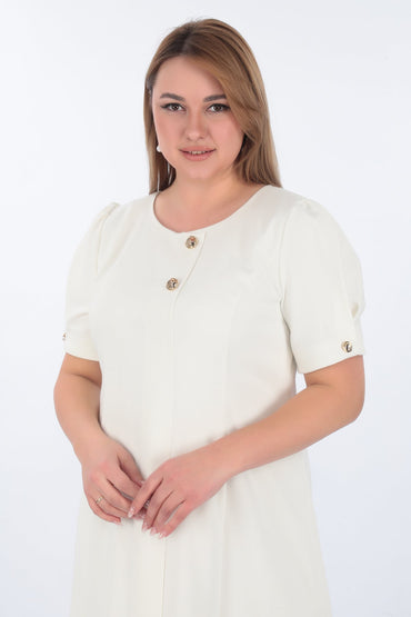 Yuvarlak Yaka Kısa Kollu Metal Düğme Detaylı Yırtmaçlı Elbise