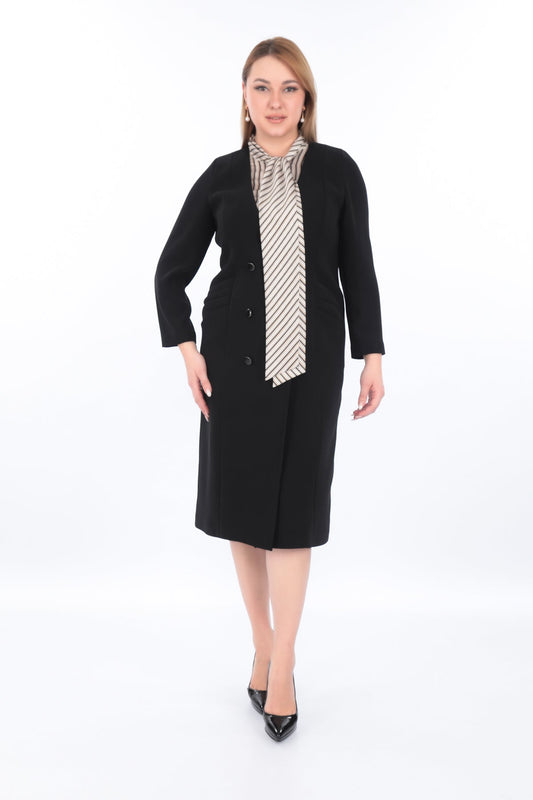 Dört Pliseli Cepli Altı Düğmeli Uzun Kollu Gömlek Form Şifon Yaka Blazer Elbise