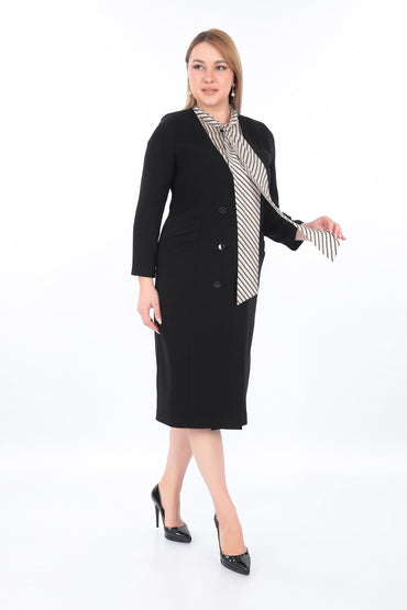 Dört Pliseli Cepli Altı Düğmeli Uzun Kollu Gömlek Form Şifon Yaka Blazer Elbise