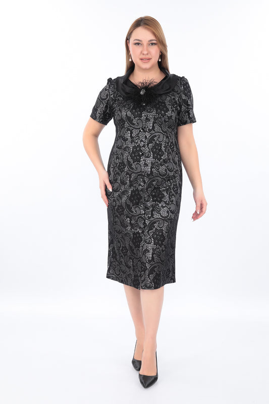 Desenli Saten Yaka Diz Altı Elbise