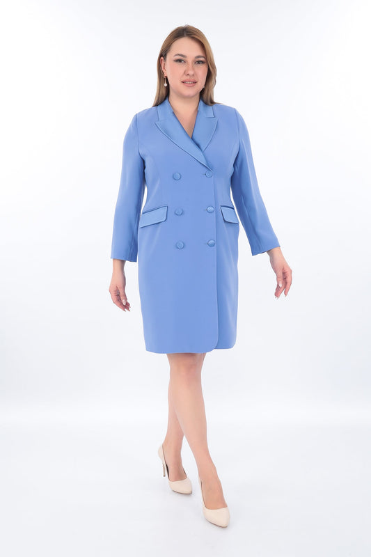 Yaka ve Cep Kapakları Saten Altı Düğmeli Blazer Elbise