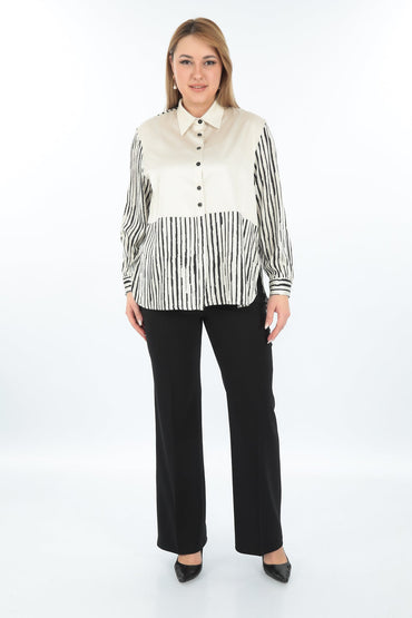 Şerit Desenli Düğmeli Bluz