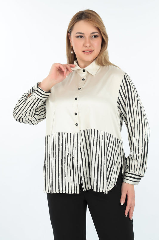 Şerit Desenli Düğmeli Bluz
