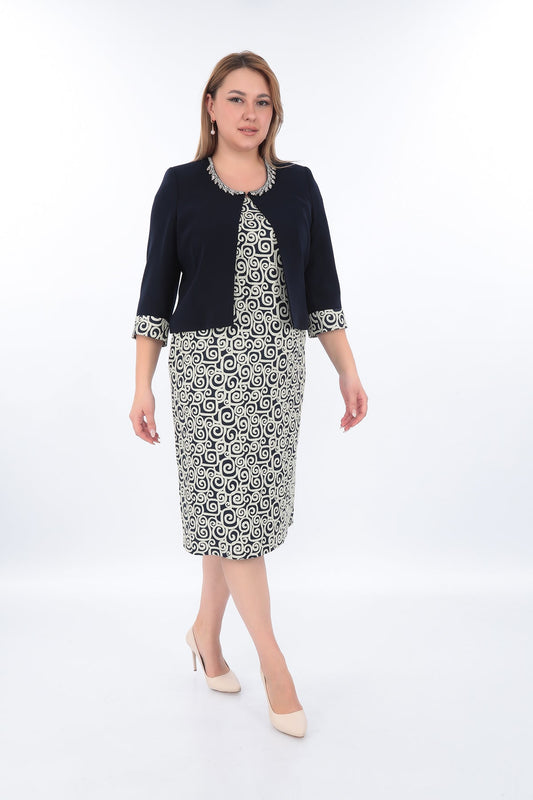 Lacivert Ceketli Desenli Elbise Takımı