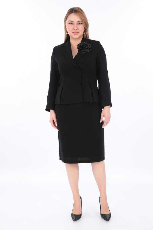 Çiçek Yakalı Kruvaze Yaka Piliseli Uzun Kollu Ceket ve Etek İkili Kadın Takım