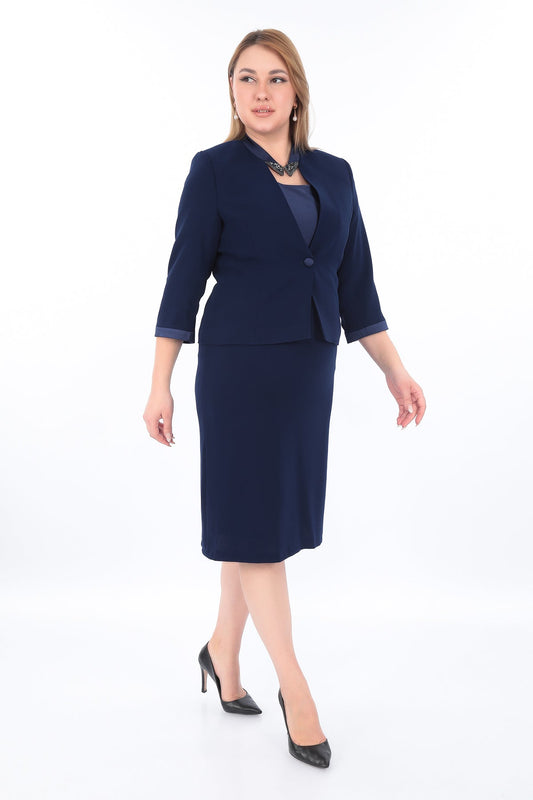 Düğmeli Lacivert Ceketli Elbise Takımı