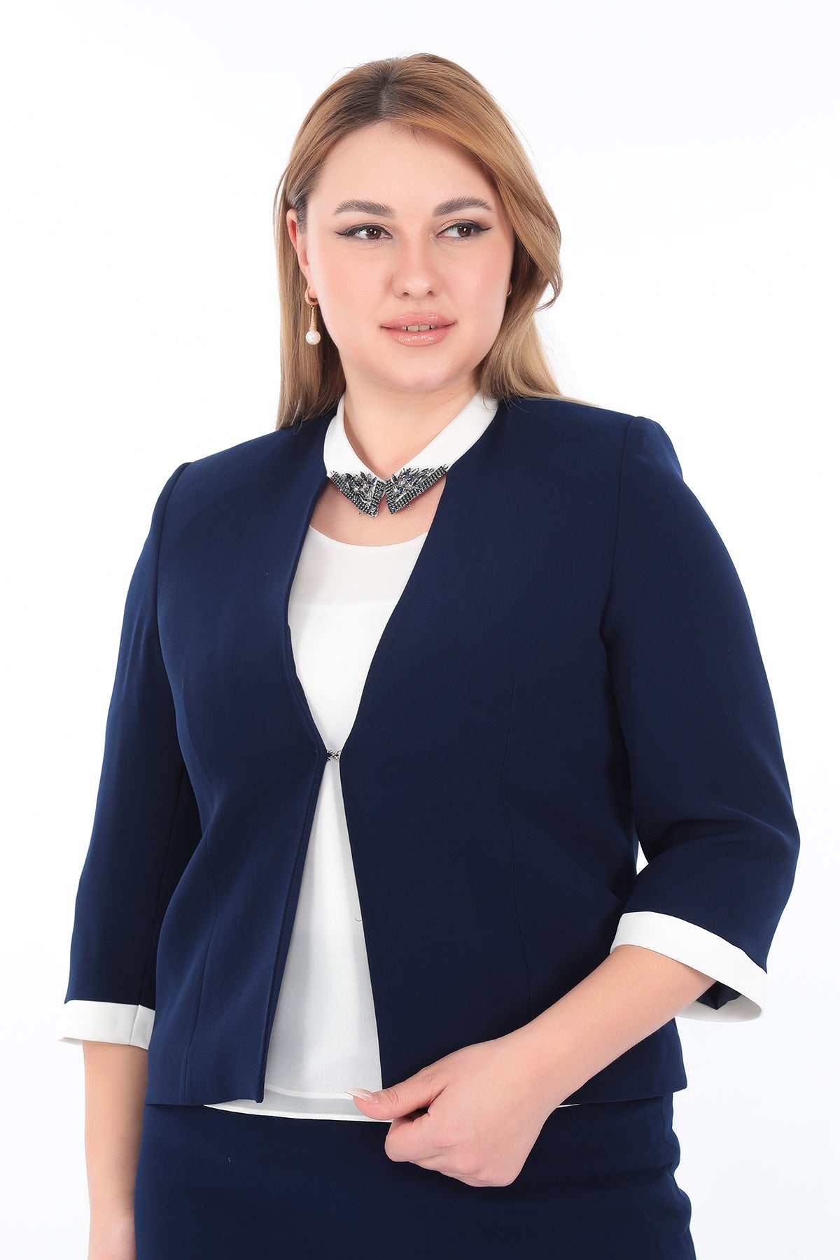 Lacivert Krem Renkli Ceket, Bluz ve Etek Üçlü Kadın Takım
