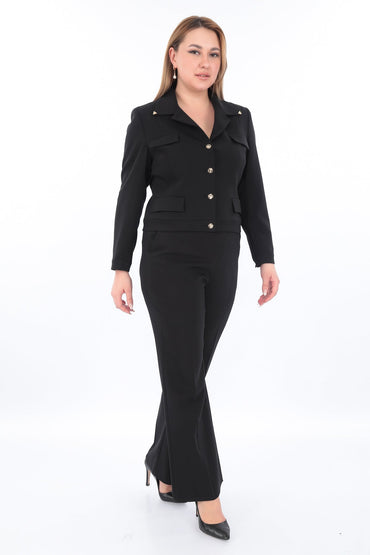 Uzun Kollu Düğmeli Cep Kapaklı Ceket ve Geniş Kesim Pantolon İkili Kadın Takım