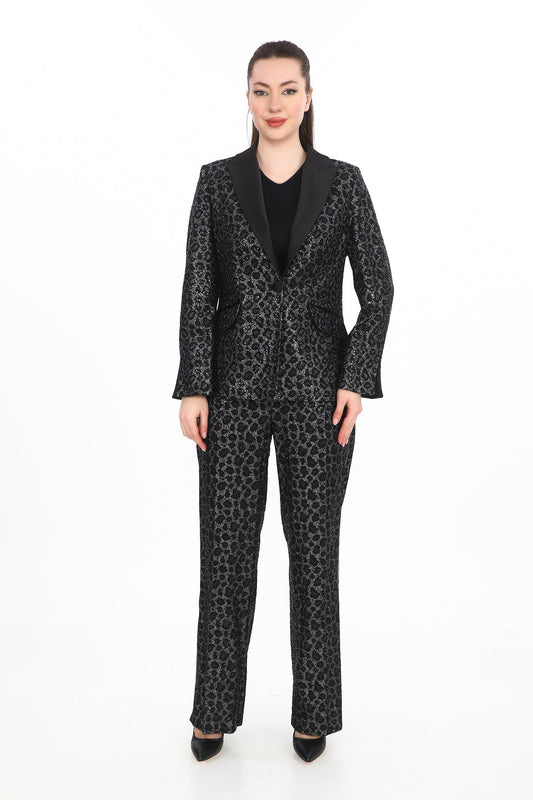 Dantel Jakar Kumaş Saten Yaka Ceket ve Pantolon İkili Kadın Takım