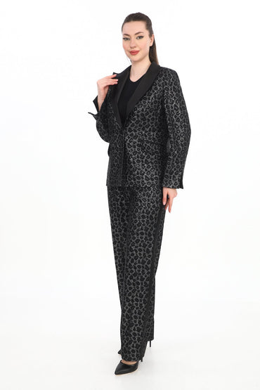 Dantel Jakar Kumaş Saten Yaka Ceket ve Pantolon İkili Kadın Takım