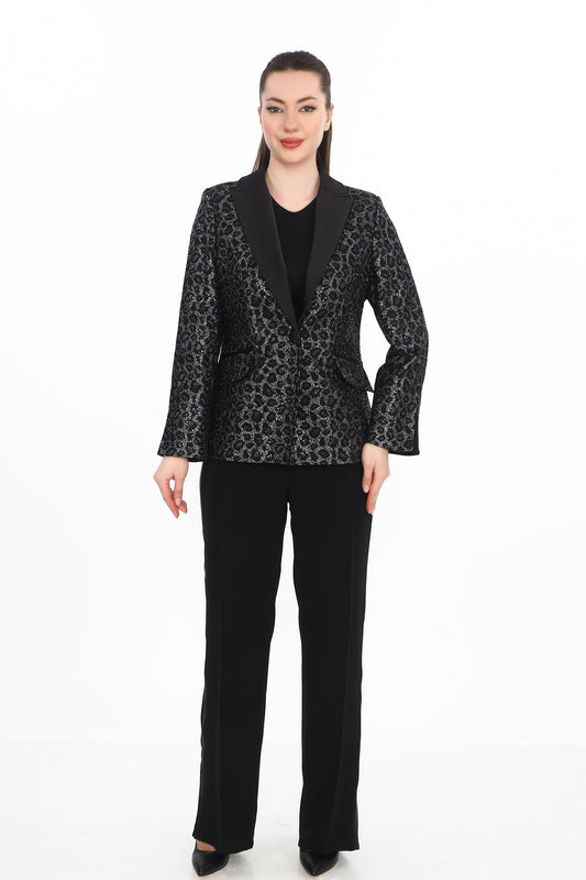 Saten Yaka Dantel Jakar Ceket ve Biyeli Düz Pantolon Kadın Takım