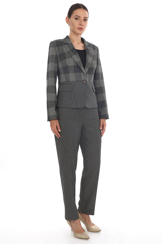 Kadın Ekose Desenli Ceket & Pantolon Takım - Gri