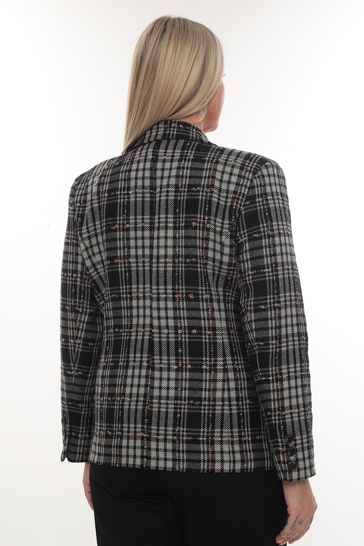 Kadın Siyah Ekose Desenli Klasik Kesim Blazer – Siyah 40-46 Beden Ceket