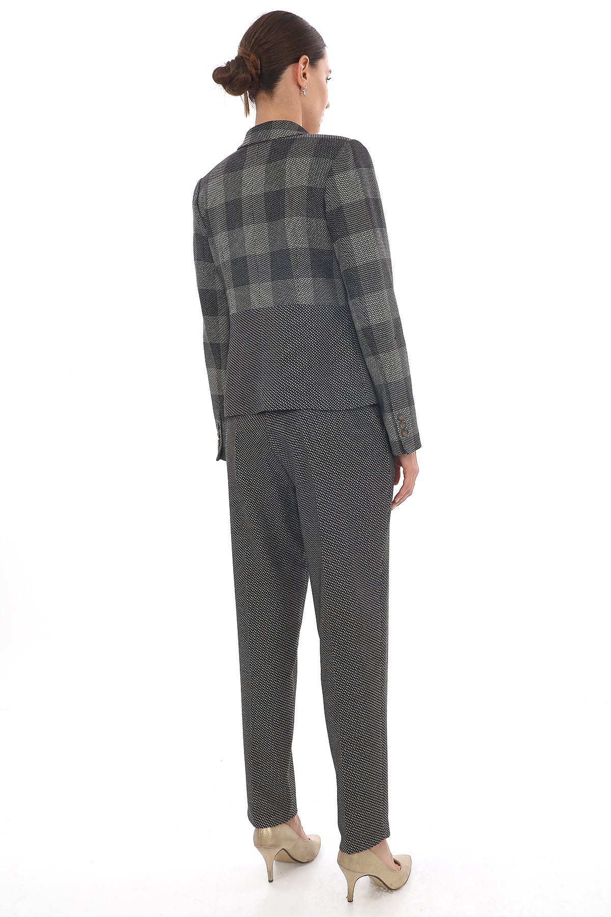 Women's Plaid Patterned Jacket & Trouser Set - Gray