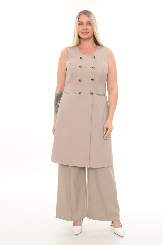 Bej ve Krem Renk Uzun Yelekli ve Pantolon Kadın Takım (40-46 Beden)
