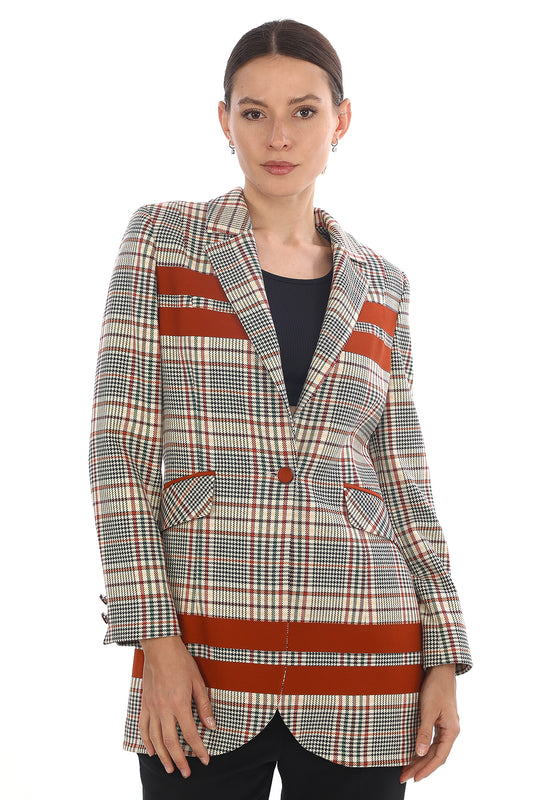 Kadın Kareli Desenli Tek Düğmeli Blazer Ceket