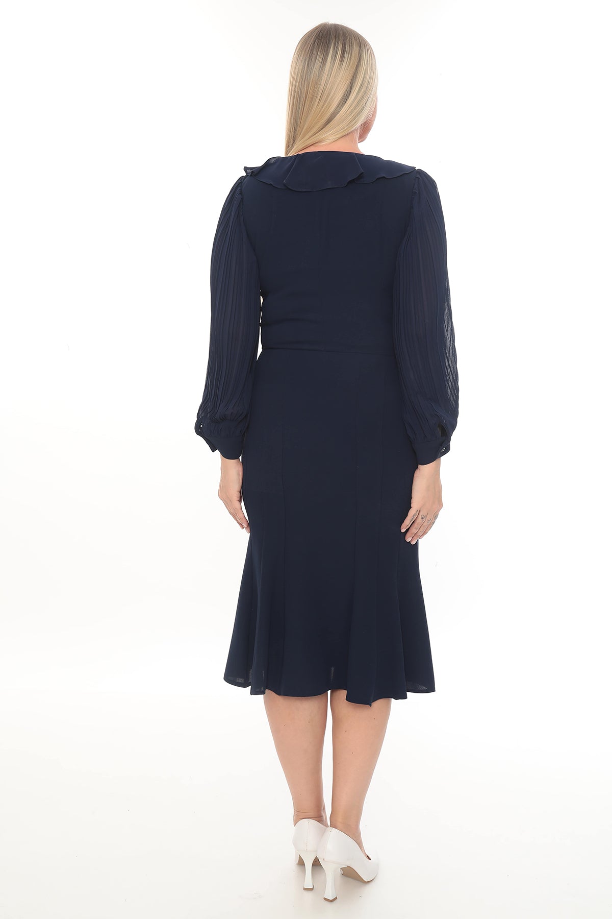 Şifon Kollu Şık Volan Detaylı Elbise 42-48