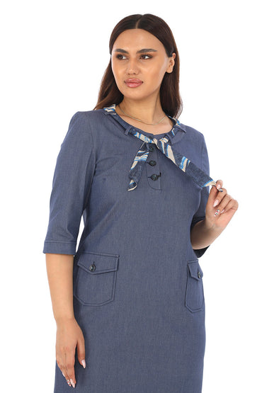 İnce Kot Kumaş Truvakar Kol Yuvarlak Yaka Fularlı Elbise