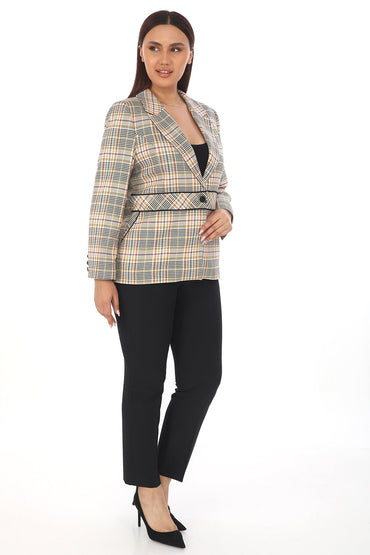 Erkek Yaka Tek Düğmeli Ekose Ceket ve Siyah Pantolon İkili Kadın Takım