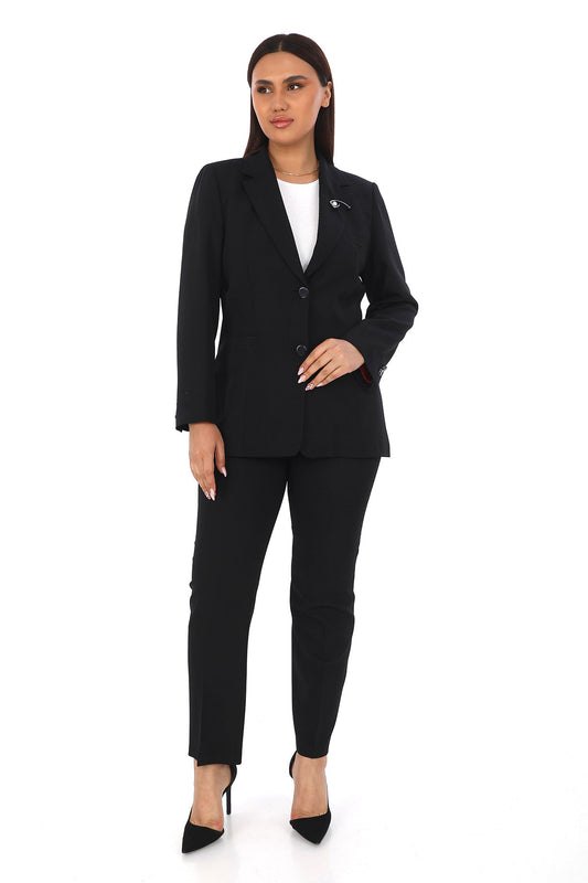 Broş Detaylı İki Düğmeli Uzun Kollu Ceket ve Kalem Pantolon İkili Kadın Takım