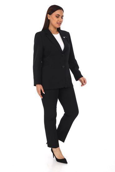 Broş Detaylı İki Düğmeli Uzun Kollu Ceket ve Kalem Pantolon İkili Kadın Takım