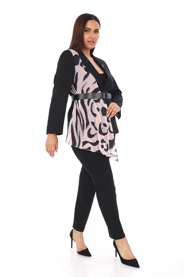 Beli Kemerli Şifon Şallı Siyah Ceket ve Pantolon İkili Kadın Takım